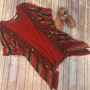 Burnt Orange & Tribal Print Knit Poncho